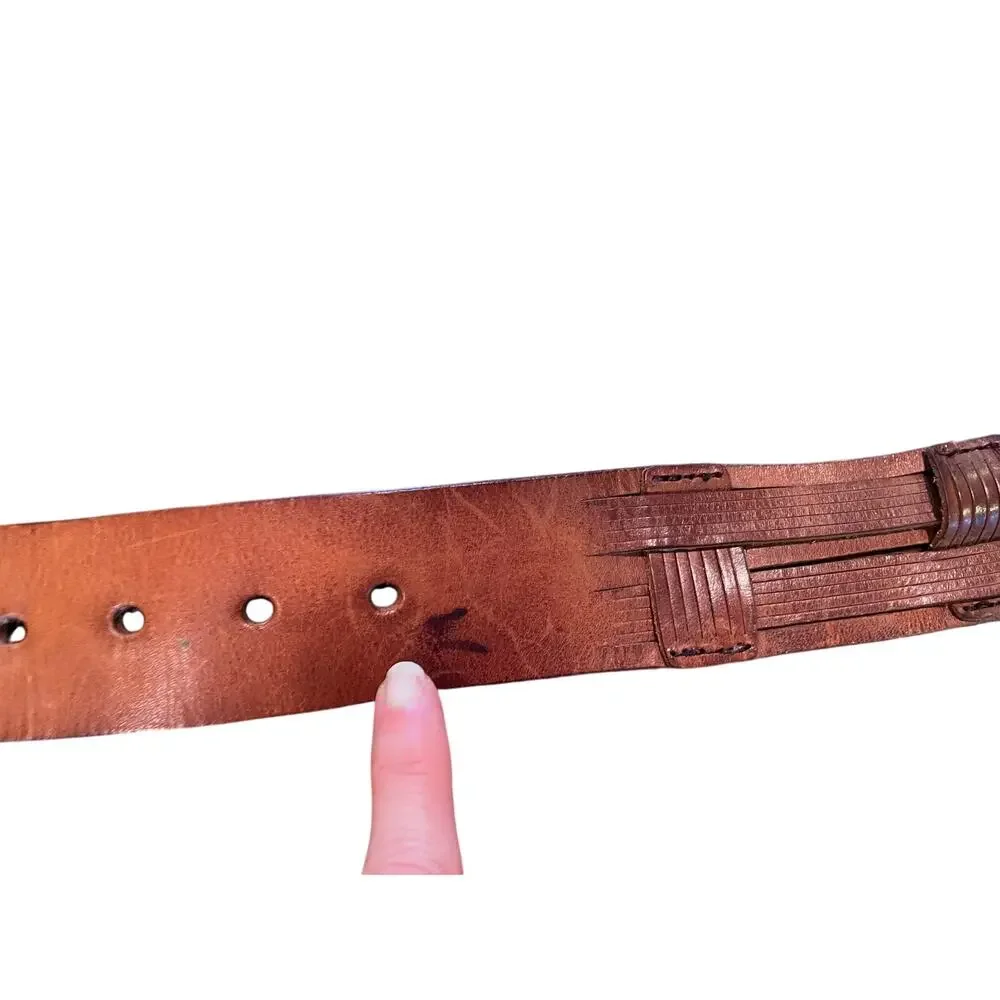 Braided / Woven Leather Belt, Brass Buckle, Unisex, Western, Boho, Size Small